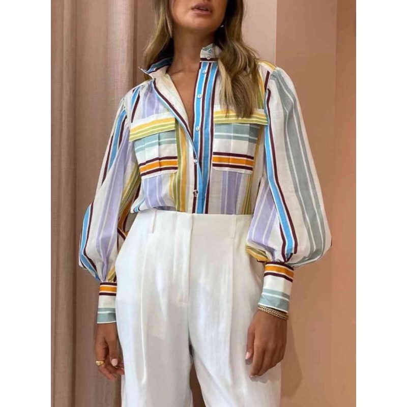 Striped Lantern Sleeve Shirt - Image 3